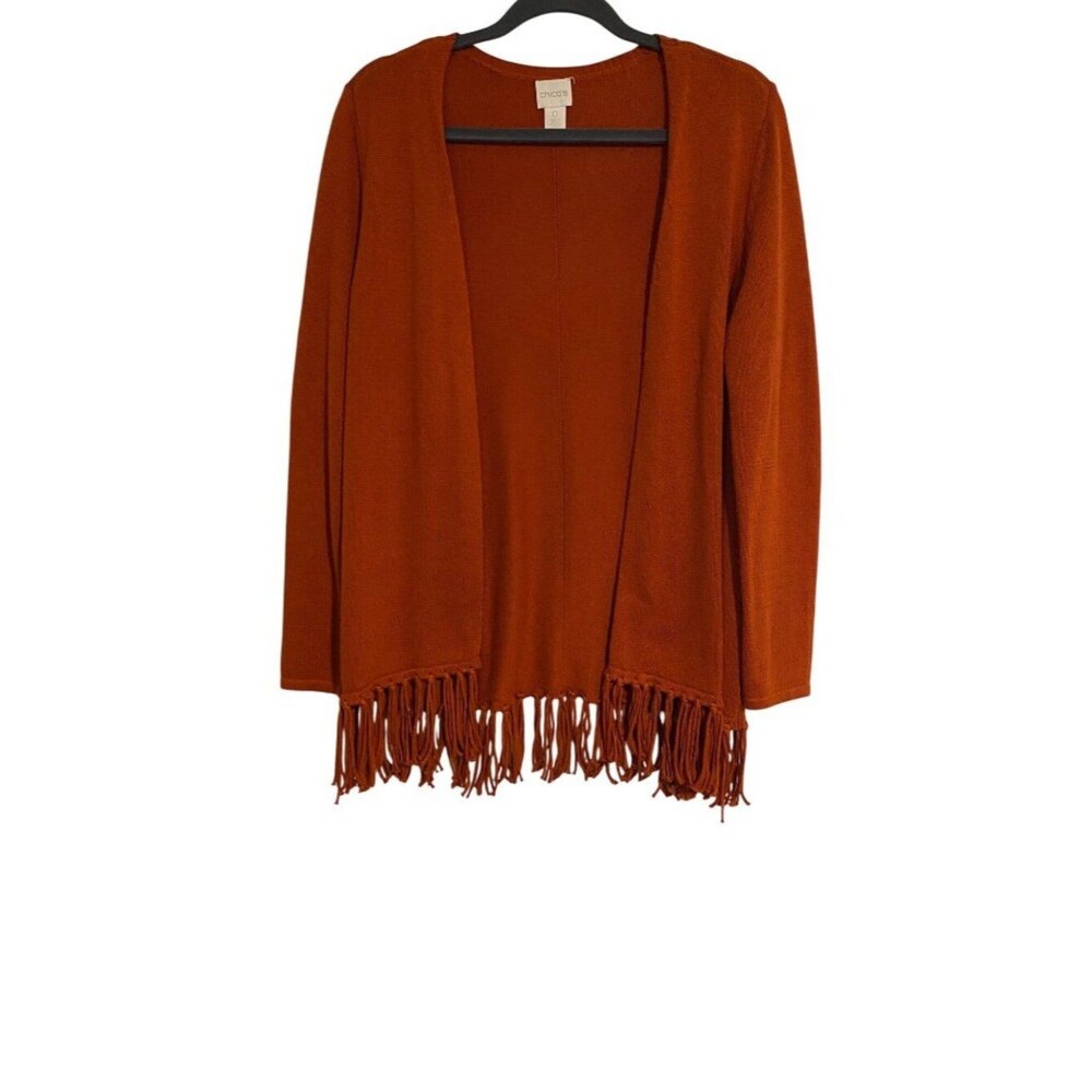 Chicos 0 Women's S Rust Orange Cardigan Fringed Open-Front Sweater Hippie Casual
